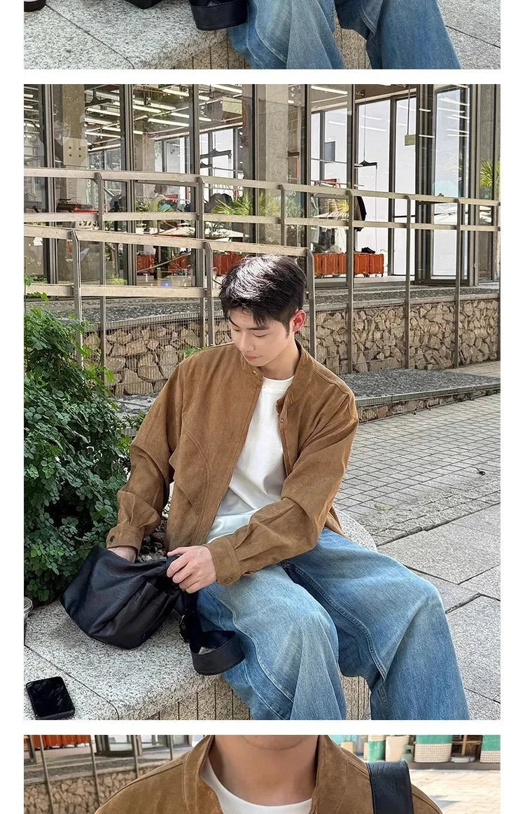 Khaki Cargos Stand Collar Jackets Men's Japanese Retro Streetwear Fashion Solid Color Zipper Long Sleeve Coats Autumn Clothing voguable