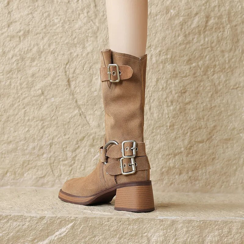 Women Mid-Calf Boots Cow Suede Leather Thick Heels Retro Square Toe Mature Office Lady Buckle Shoes Woman Autumn Winter Boots voguable