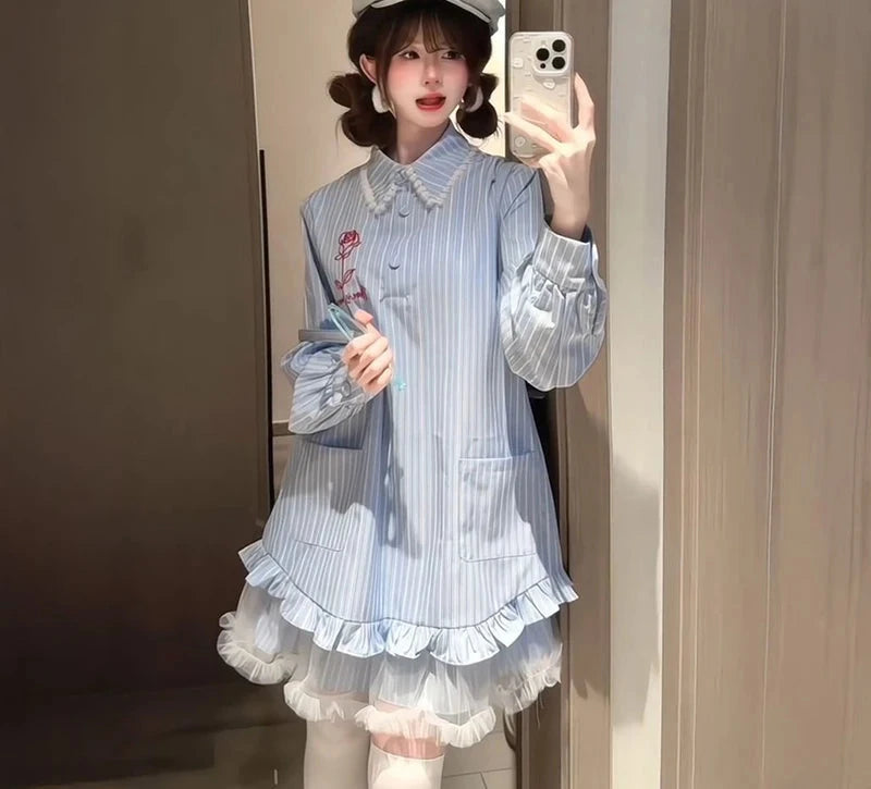 Lace Patchwork Striped Dress Women Sweet Floral Embroidery Mini Dress Fall Preppy Style Long Sleeve Cute Korean A Line Dress New voguable