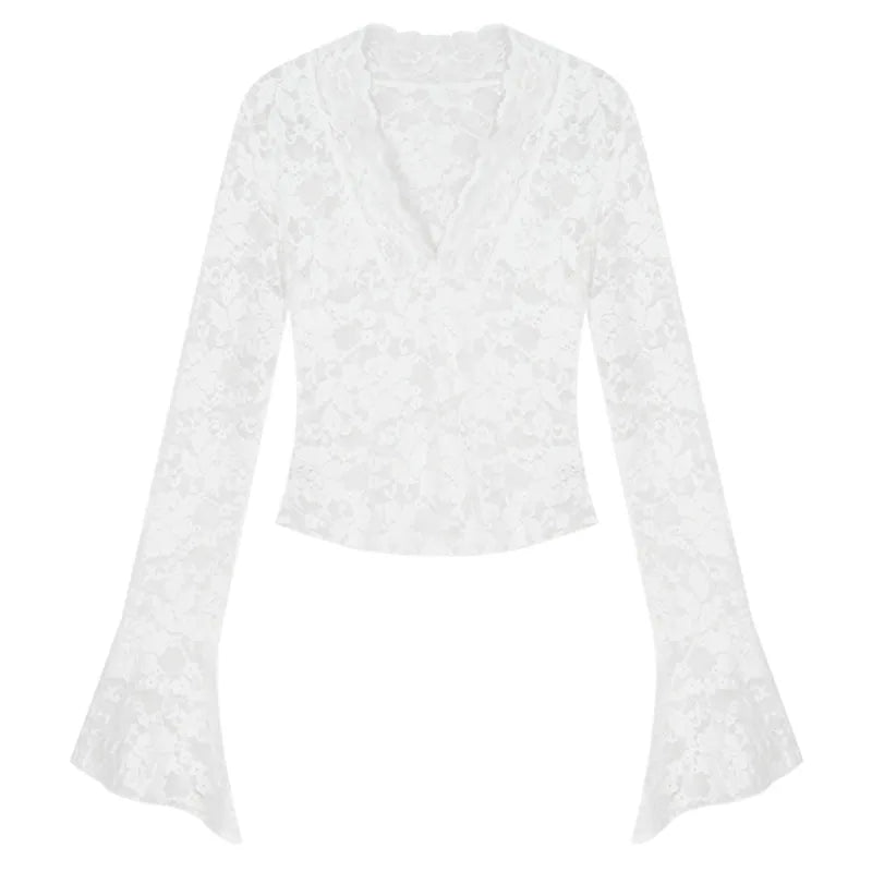 Women's Long Sleeve Lace Top V-neck Flared Sleeve Sheer Lace Crop T-shirt Teen-girl Coquette Fairycore Y2K Outfit voguable