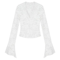 Women's Long Sleeve Lace Top V-neck Flared Sleeve Sheer Lace Crop T-shirt Teen-girl Coquette Fairycore Y2K Outfit voguable