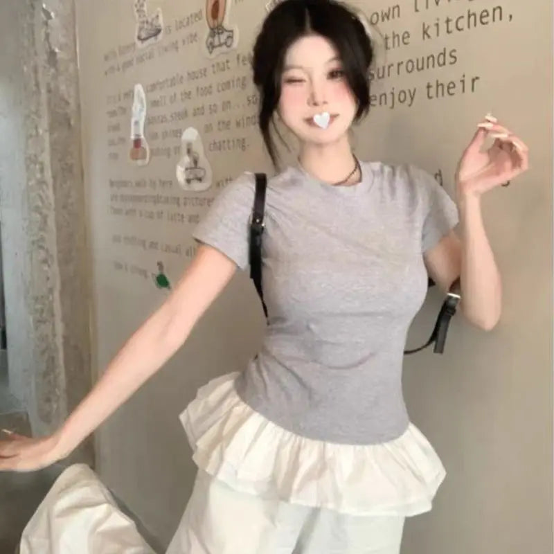 Women Patchwork Fringed Ruffles O-neck Cotton Tshirt Womans Summer Clothes Elegant Solid Shirt Women Slimming Short Sleeve Tee voguable