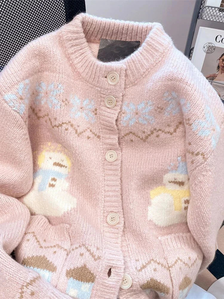 Cute Snowmen Pink Cardigan Sweater Women Vintage Sweet Print Loose Knitted Coat Japan Fall Winter Kawaii Female O Neck Tops voguable