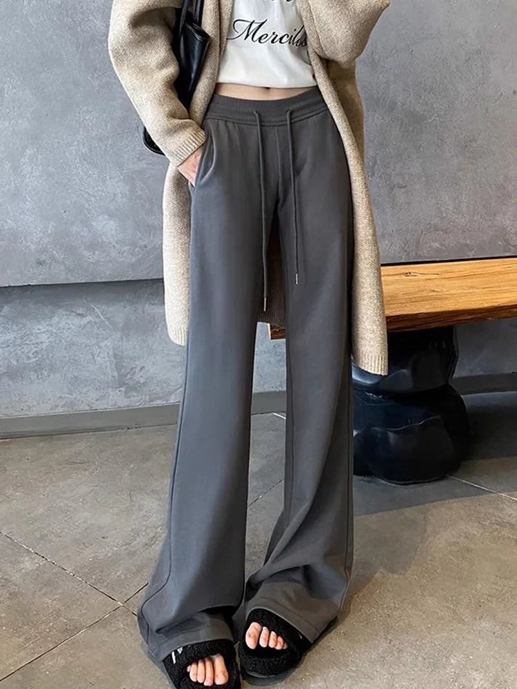 Streetwear Slim Flare Pant Women Sexy Low Waist Fall Vintage Wide Leg Trousers Casual American Lace Up Female Retro Black Pants voguable