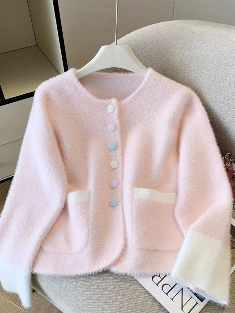 Faux Mink Cashmere Sweet Cardigan Women Long Sleeve O Neck Elegant Knitted Sweaters Korean Fall Winter Fashion Soft Pockets Tops voguable