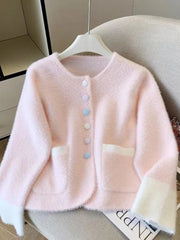 Faux Mink Cashmere Sweet Cardigan Women Long Sleeve O Neck Elegant Knitted Sweaters Korean Fall Winter Fashion Soft Pockets Tops voguable
