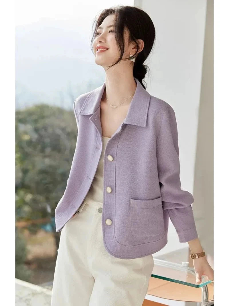 Elegant Slim Purple Jacket Women Sweet Long Sleeve Small Fragrance Coat Casual Fall Winter Lady French Pockets Fashion Tops voguable
