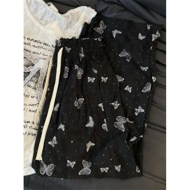 High Waist Wide Leg Pants Women Summer Loose Butterfly Print Female Casual Pants Y2K Korean Drawstring Floor Length Trousers voguable