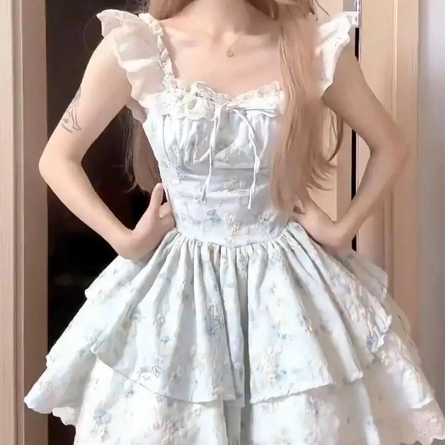 Voguable  French Style Women's Dress Flying Sleeve Summer Patchwork Lace Short Dress Princess Ball Gown Girl Party Dress voguable