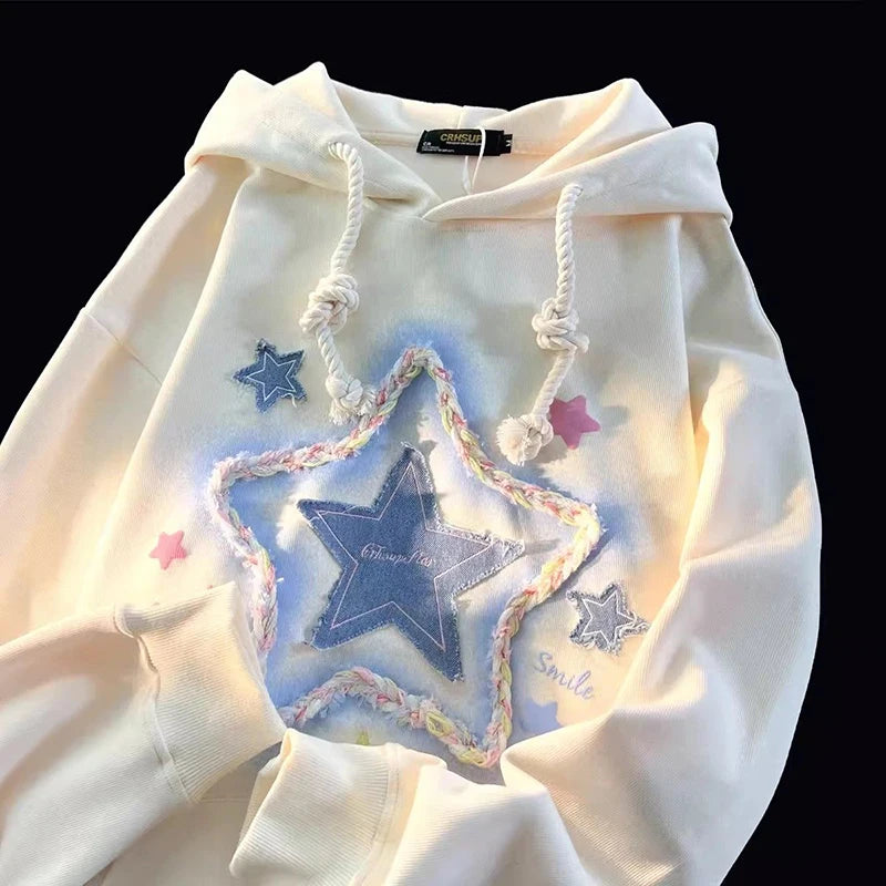 Vintage Star Print Hoodies Women Streetwear Loose Long Sleeve Sweatshirts American Retro Bf Casual Harajuku Pullover Tops voguable