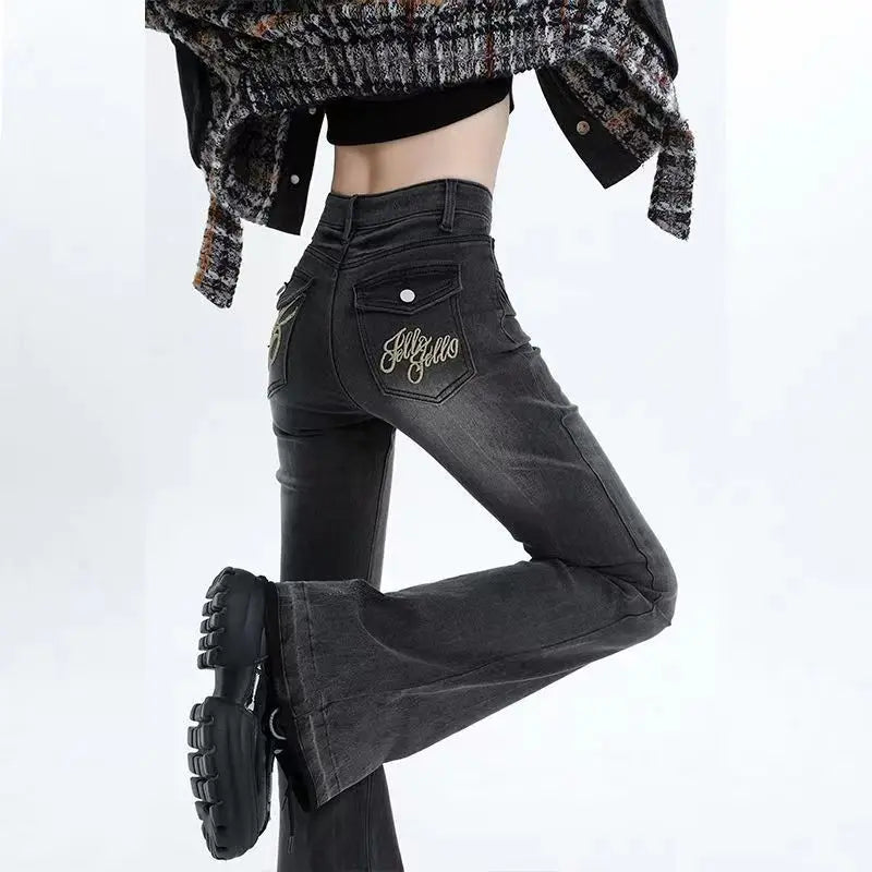 American High Street Spicy Girls Low Waist Jeans Women Autumn Vintage Y2k Design Sense Slim Fit Straight Tube Micro Flare Pants voguable