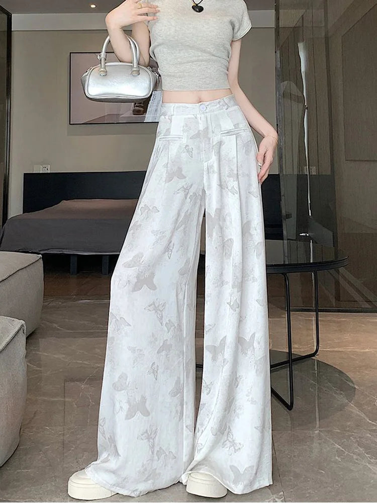 Bufferfly Print Satin Wide Leg Pant Women Loose Elegant Fashion High Waist Korean Trousers Casual Sweet High Quality Pants voguable