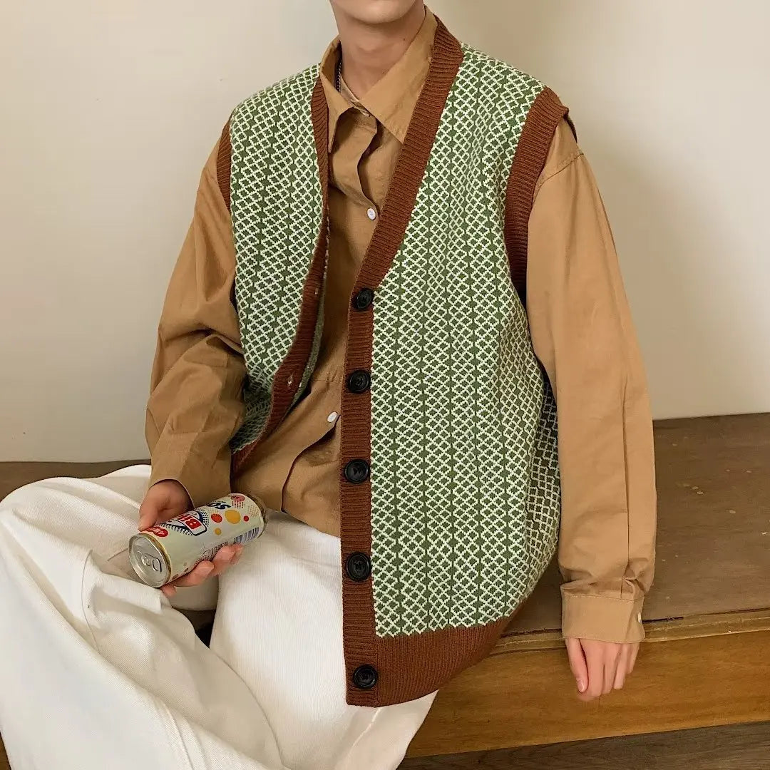 Sweater Vest Men Retro Handsome Knitwear High Street Fashion Clothing Harajuku All-match Autumn Cool Teens V-neck Kpop Japanese voguable