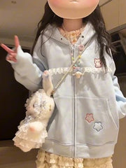 Women Cute Cartoon Hoodies Vintage Lace Patchwork Loose Sweet Sweatshirts Fall Preppy Style Japan Pockets Lady Kawaii Tops voguable