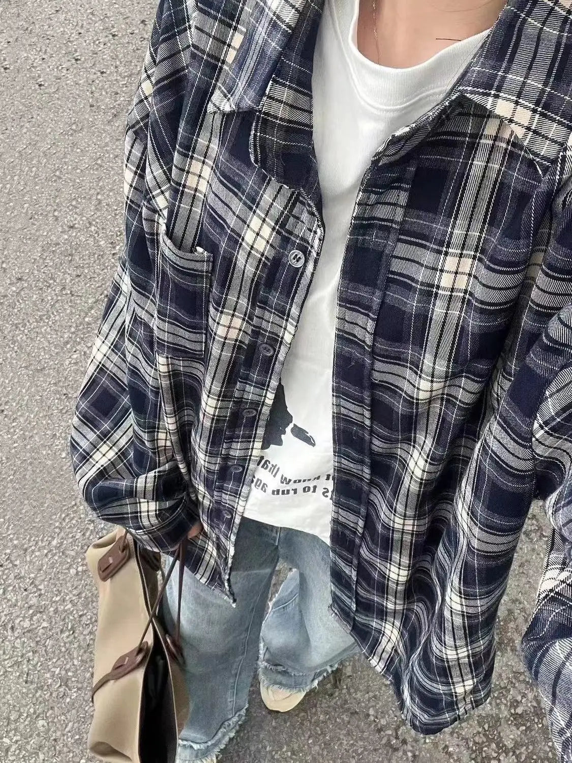 Vintage Plaid Shirt Women Loose Casual Medium Length Preppy Style Shirts Fashion Single Breasted Lapel Pocket Oversize Shirts voguable