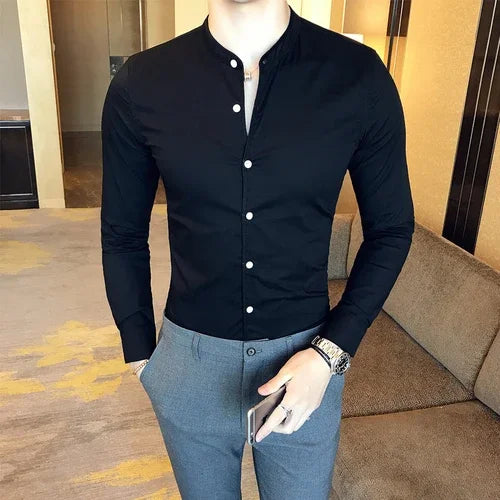 Men Slim Fit Shirt 2024 Autumn Cotton Solid Stand Collar Casual Business Long-sleeved Shirts Male Fashion Camisas Men Clothing voguable