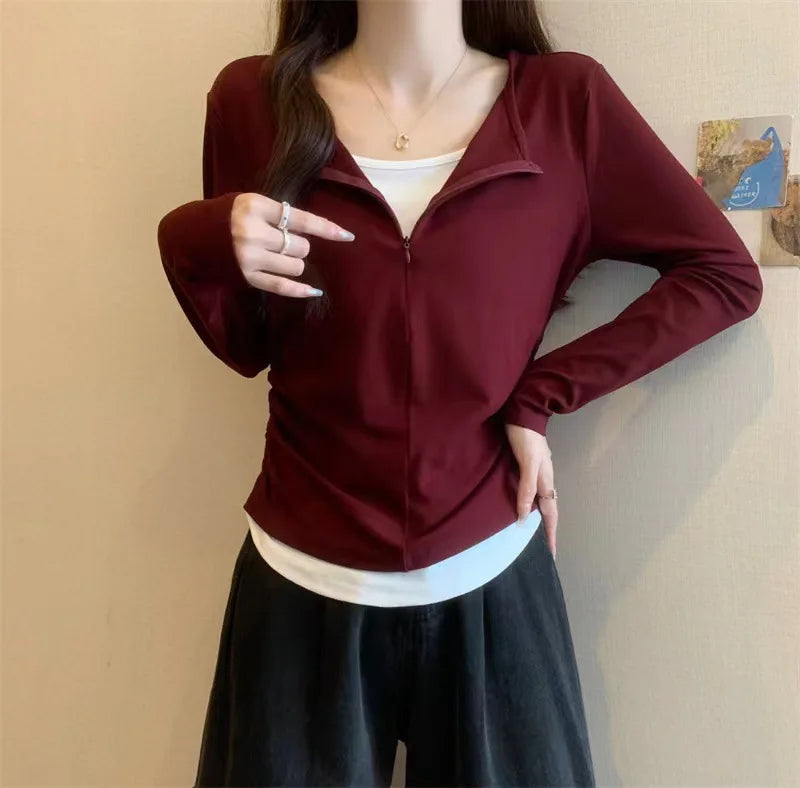 Long Sleeve T Shirt Women Fashion Fake Two Pieces Patchwork Basic Slim Zipper Slimming Bottoming Shirt Retro Red Casual T-shirt voguable