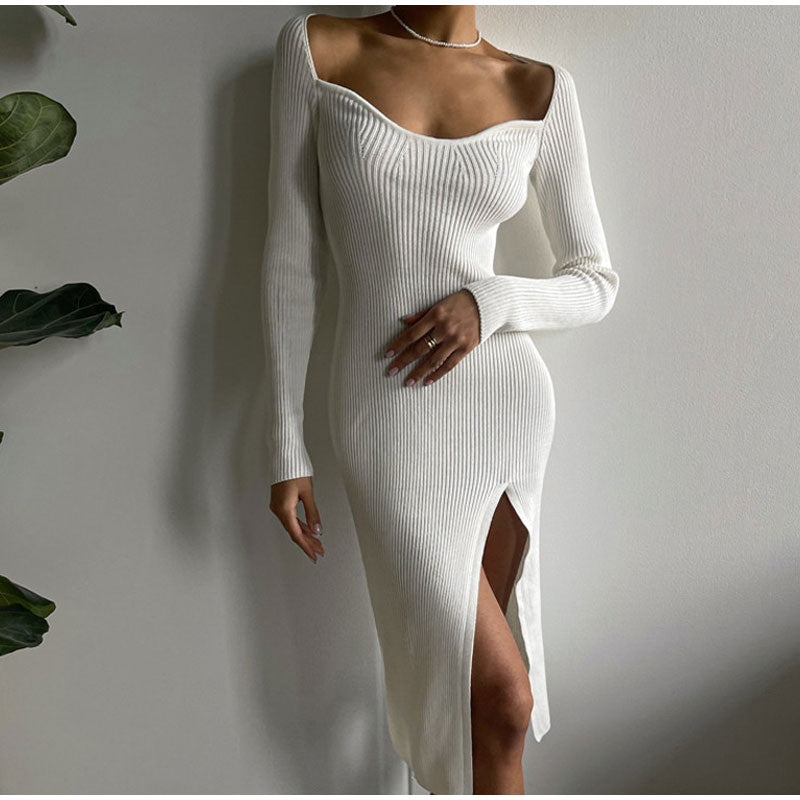 Bodycon Knitted Women Sweater Dress Long Sleeve Sexy Off Shoulder Split Elegant Party Dresses Fashion Autumn Winter voguable
