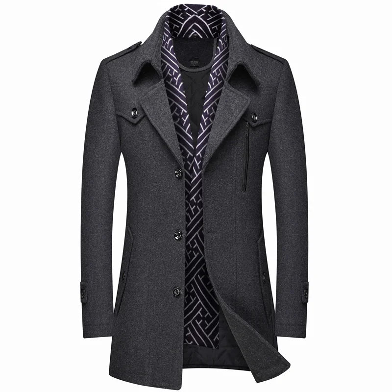 Winter Men's Woolen Coats Fashion Thicken Mid Length Trench Solid Turn Down Collar Warm Outerwear Business Casual Wool Coat Men voguable