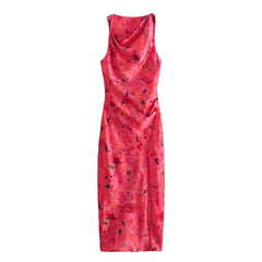 Voguable  Sexy Women Twisted Round Neck Sleeveless Floral Print Satin Dress Side Gathers Slit Hem Female Summer Long Dresses voguable