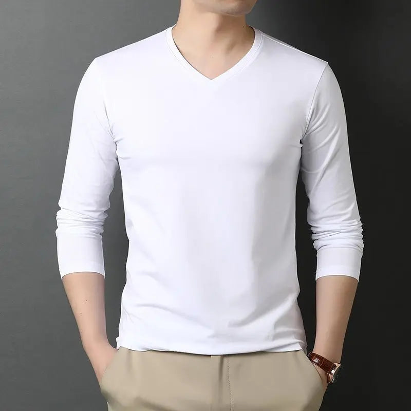 Voguable  Longsved Slimfit Mens Tshirt Casual Wear Base V Neck PU Leather Nine Sleeve Cleanfit Style Citywalk Suitable Tshirt voguable