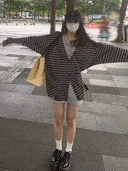 Voguable  Harajuku Y2k Top Black Gray Striped Cardigan 2022 Autumn Loose Casual Long-Sleeved Top Woman Clothes Grunge Korean Fashion voguable
