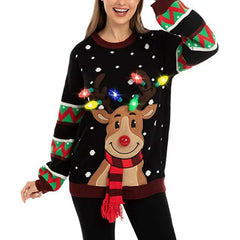 Women LED Light Up Holiday Sweater Christmas Cartoon Reindeer Knit Pullover Top voguable