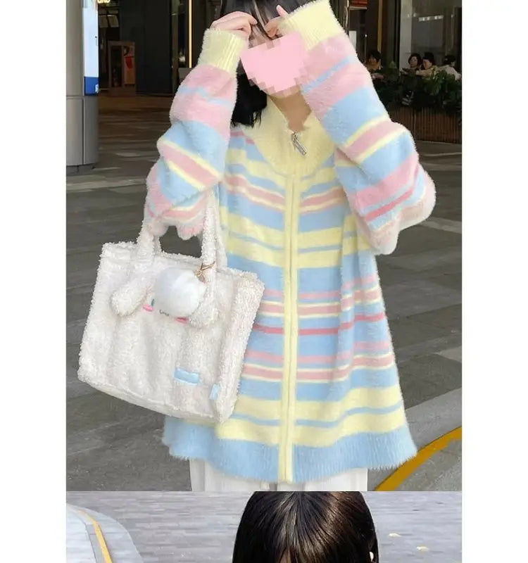 Striped Knit Splice Zipper Stand-UP Collar Sweater Autumn Winter Oversized Pullover Knitwear Women Soft Sweet Simple Cardigan voguable