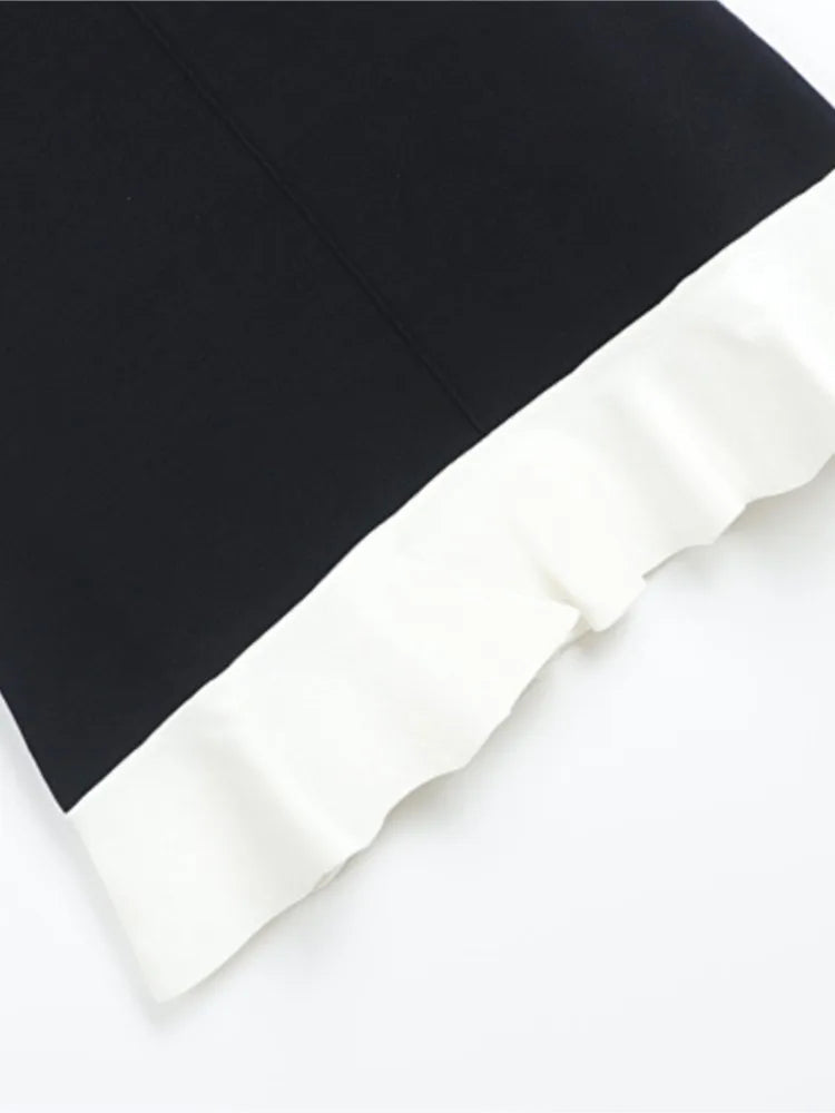 Pearl Beading Elegant Short Dress Fashion Black White Patchwork Knitting Summer Dress 2025 Sleeveless Ruffle Chic New Dress Lady voguable