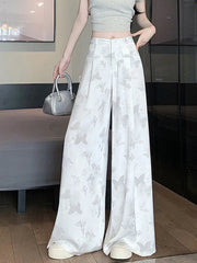 Bufferfly Print Satin Wide Leg Pant Women Loose Elegant Fashion High Waist Korean Trousers Casual Sweet High Quality Pants voguable
