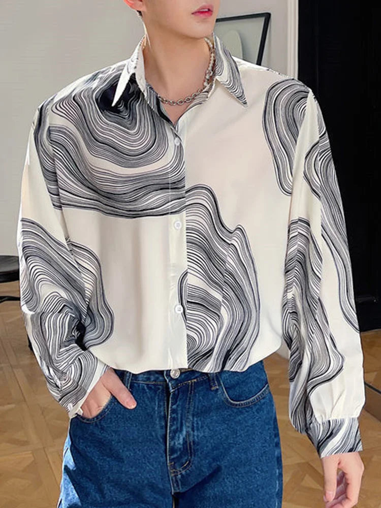 Voguable  Autumn Winter New Fashion Temperament Casual Simple Blouse Man Design Print Geometric Y2K Loose Top Shirt Men Streetwear Clothes voguable