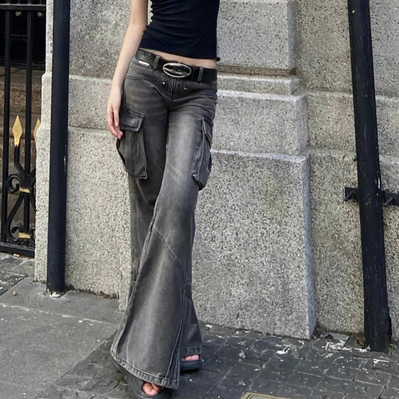 Voguable American Retro Pleated Pockets Loose Casual Wide Leg Jeans Women 2024 Spring New Low Waist Washed Distressed Cargo Pants voguable
