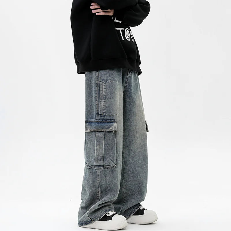 Vintage Y2K Fashion Streetwear Cargo Jeans for Men Straight Wide Leg Pants Male Loose Casual Denim Trousers Hip Hop Harajuku