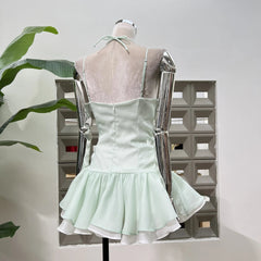 Fashion Contrast Color Green Spaghetti Strap Dress Women's Slim Metal Buckle Bottom Shorts Mini Dresses Summer New 3A106 voguable