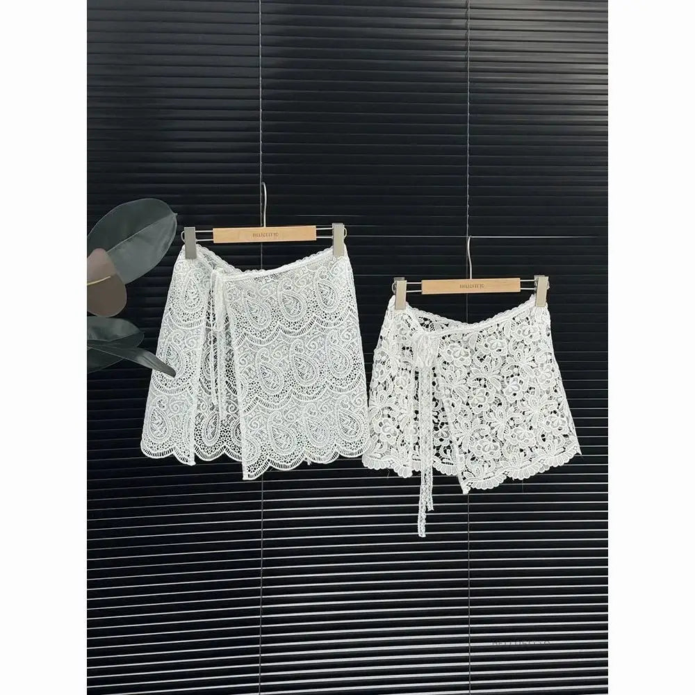 Voguable  Slim Short Korea Chic Mesh Fart Curtain Lace Up All-match French Hot Sell Skirt Exquisite Literary Hollow Out New Faldas voguable