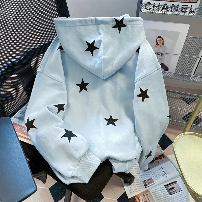 Stars Print Hoodies Women Vintage Streetwear Long Sleeve Loos Blue Sweatshirts Casual Pockets Lace Up American Fall Tops voguable
