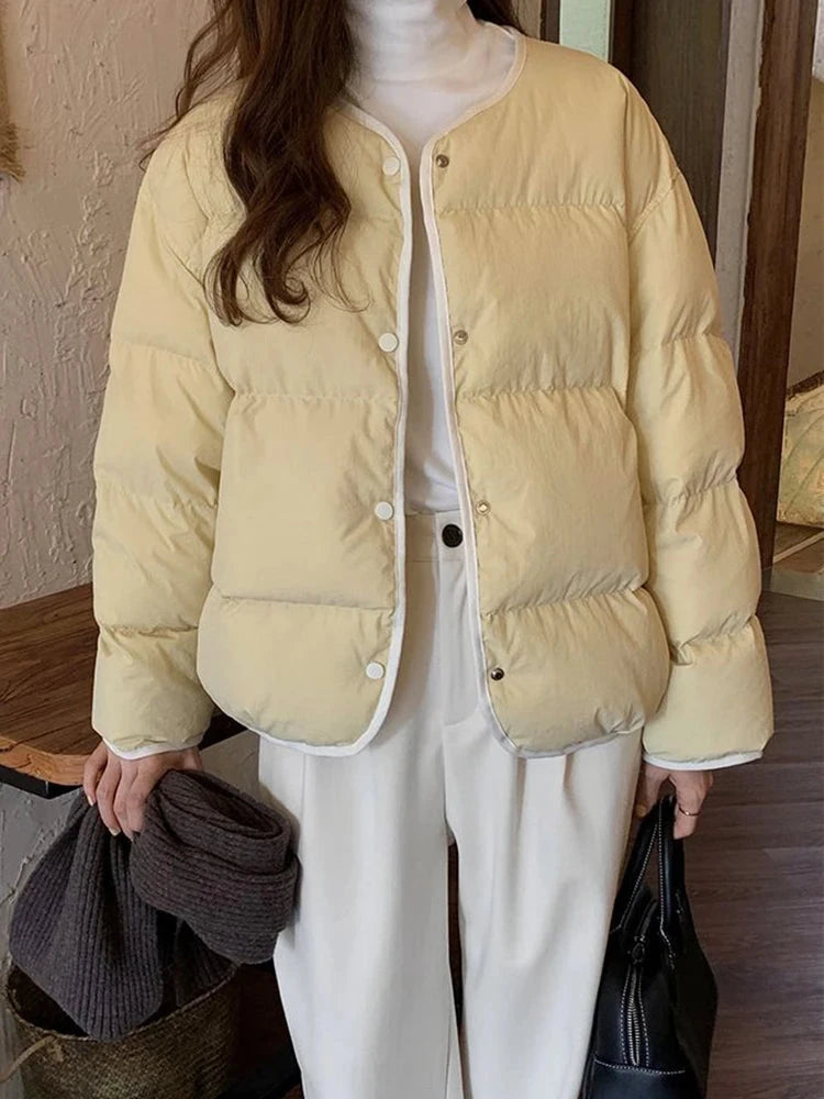 Sweet O Neck Cute Parkas Women Long Sleeve Preppy Style Warm Cotton Coat Japan Casual Female Solid Thick Warm Retro Jacket voguable