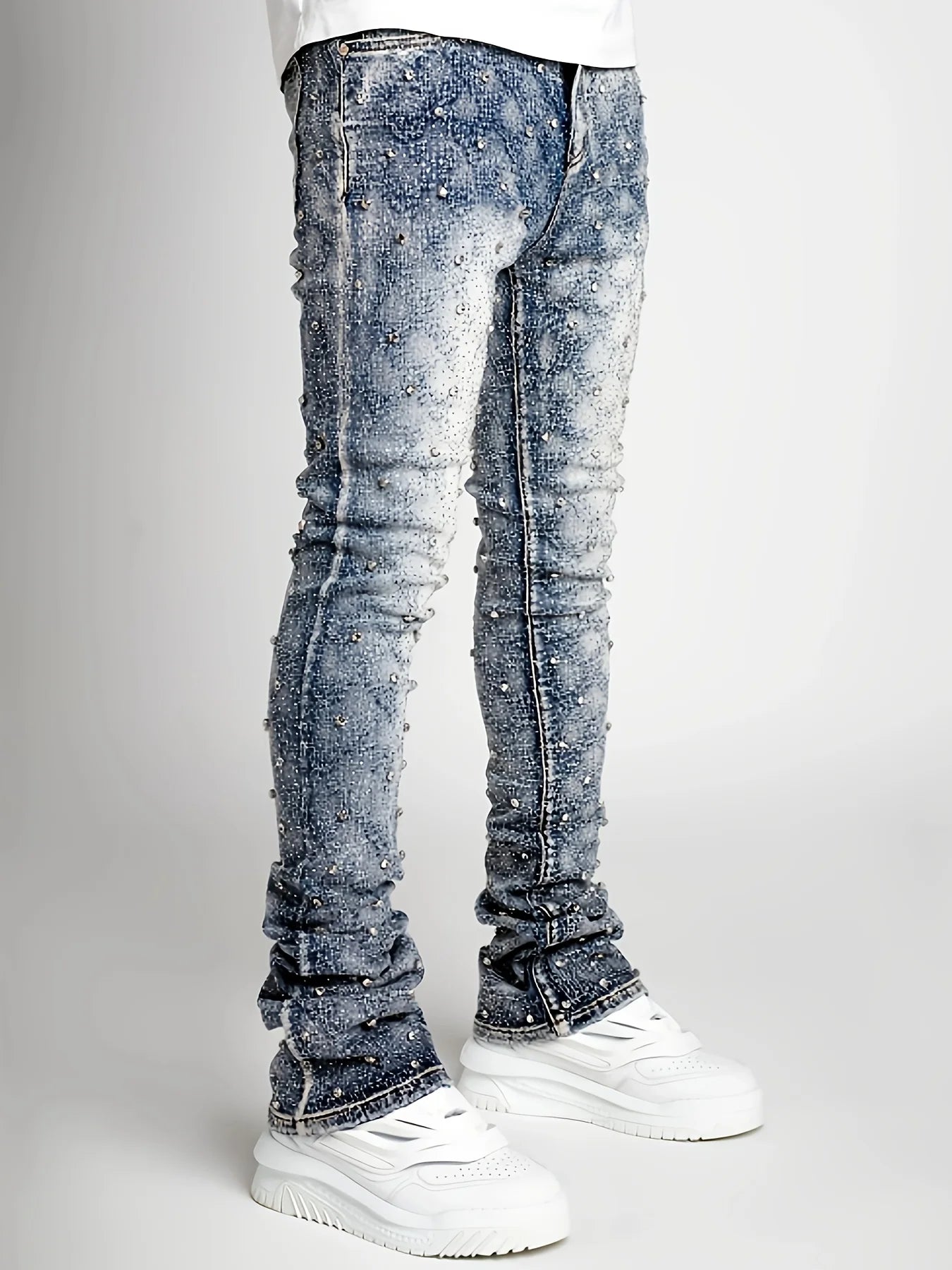 Voguable  Men's denim fashion personality straight leg men's pants European and American fashion Instagram hot item elastic pearl denim la voguable