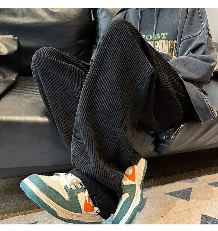 Autumn Corduroy Straight Trousers Men Loose Solid Casual Drape Trousers Harajuku Fashion Drawstring Street Wide Leg Sweatpant voguable