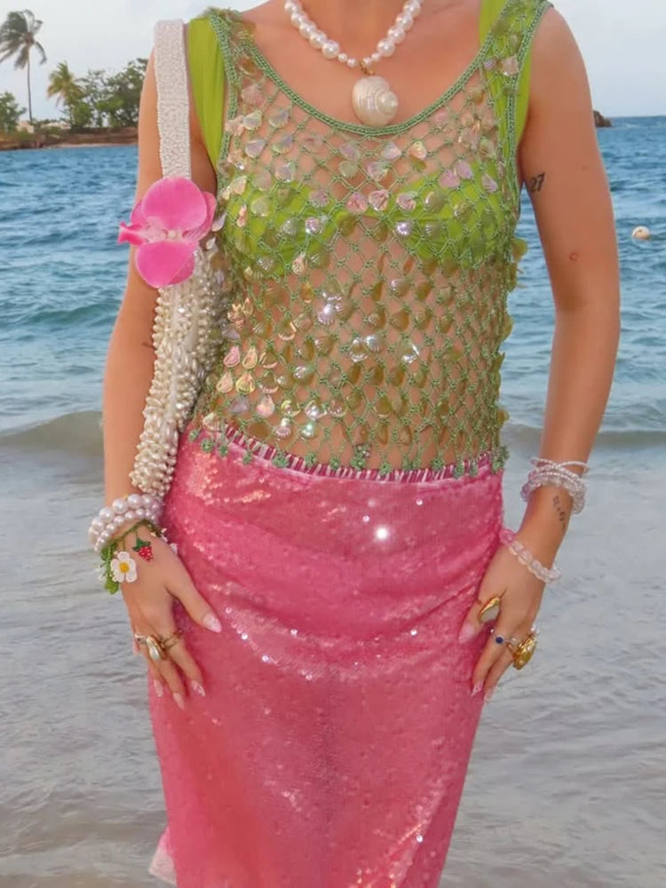 Sequin Summer Beach Sexy Skirt Women Elegant Sparkle High Waist A-line Skirts Female Pink Vacation Club Party Skirt voguable