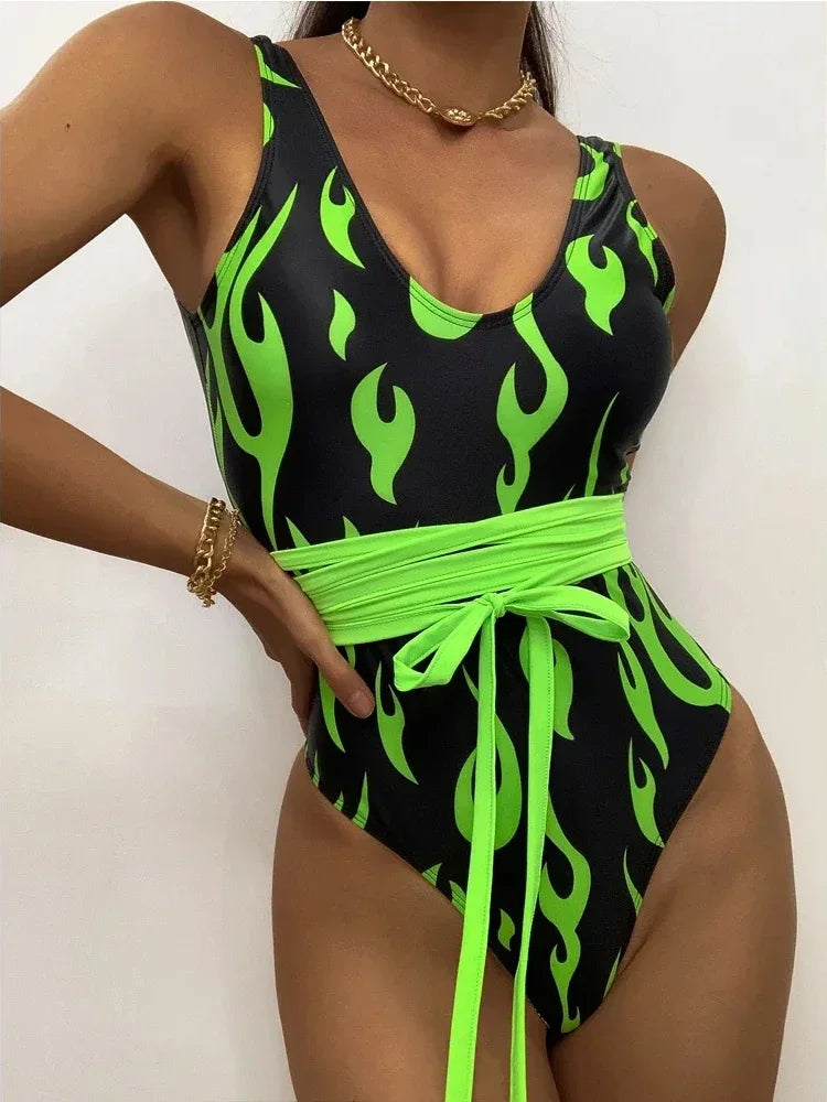 Voguable  Flame-print One-piece Swimsuit Women Sexy U-neck Slim Beach Bikini Suspender Backless Monokini Summer Swimwear Bodysuit voguable