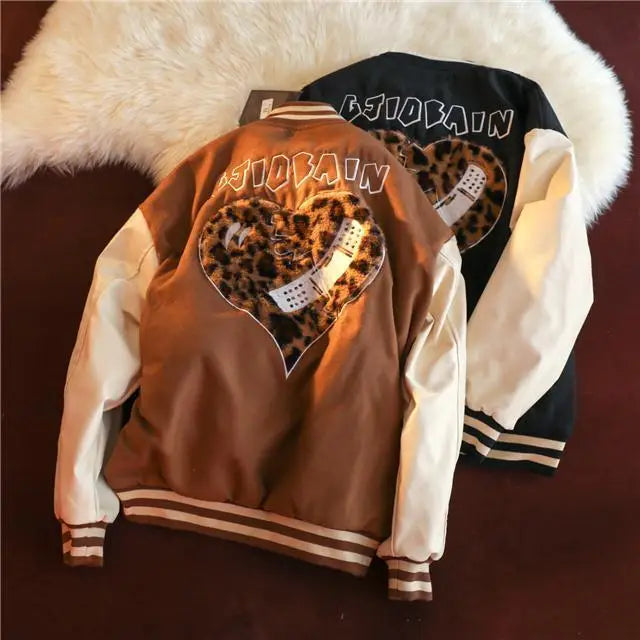 Love Embroidered Jacket Women Clothing Street Vintage Leopard Print Flocking Coat Women Jacket Loose Jackets for Women Clothes