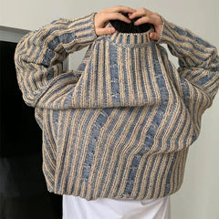 Voguable  Fashionable Striped Knitting Sweaters Men Autumn Streetwear Y2K Loose O Neck Long Sleeve Knit T-shirts Mens Vintage Sweater Tops voguable