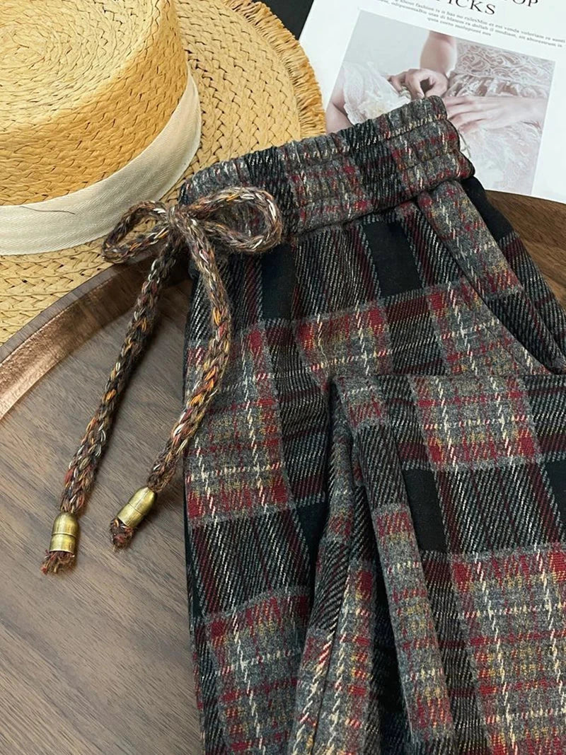 Retro Streetwear Plaid Pants Women Lace Up Loose Hip Hop Straight Trousers High Waist Casual Vintage Harajuku Bf Wide Leg Pant voguable