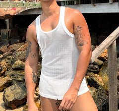 Men Tank Tops Solid Color O-neck Sleeveless Mesh Male Vests Summer Streetwear Transparent Hollow Out Men Clothing voguable
