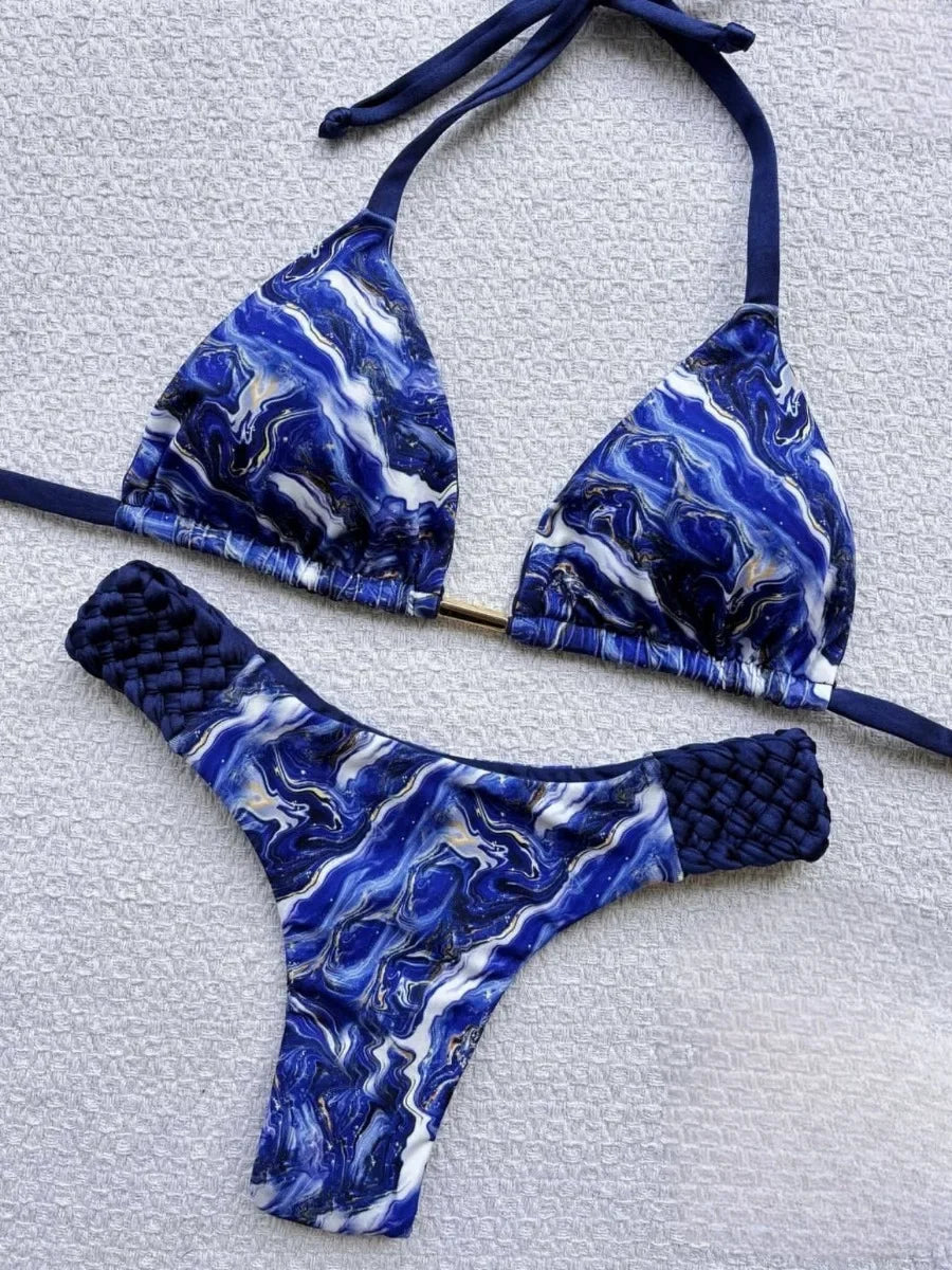Voguable  New Weaving Bikini Set Women's print 2 Piece Swimsuit women sexy suspender Backless Beach Vacation Bathing Suit swimwear voguable