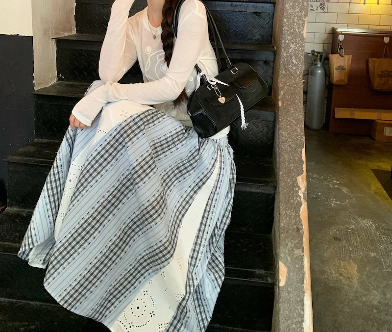 Sweet Lace Patchwork Long Skirts Women Korean Loose High Waist Skirt Casual Design Striped Plaid Elegant Female Skirts New voguable