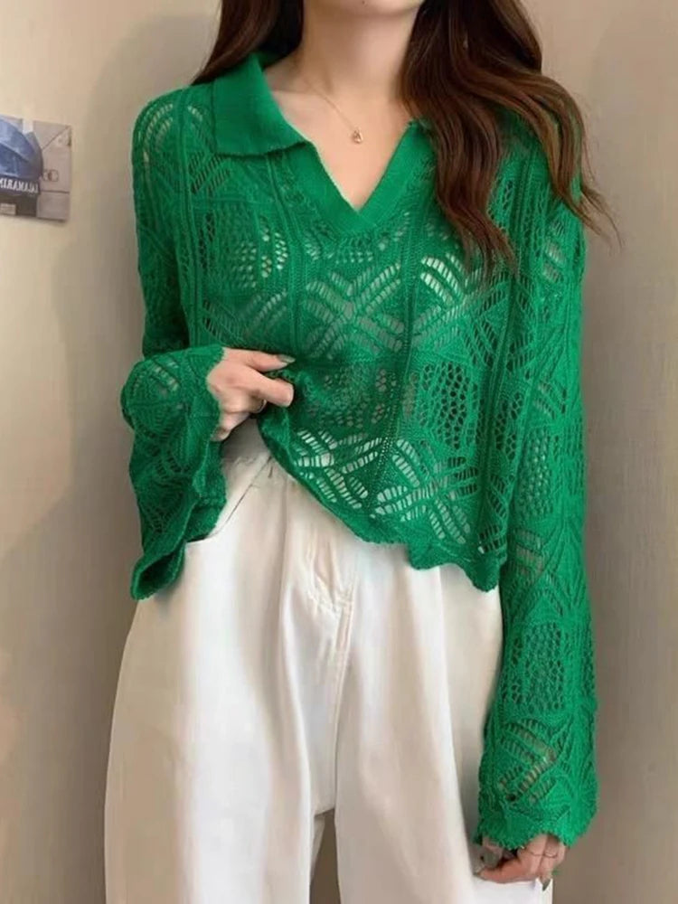 Voguable Sexy Hollow Out Women Knitted Crop Tops Fashion Korean Flare Sleeve Pullover Sweater Fall Casual Female Tops New voguable