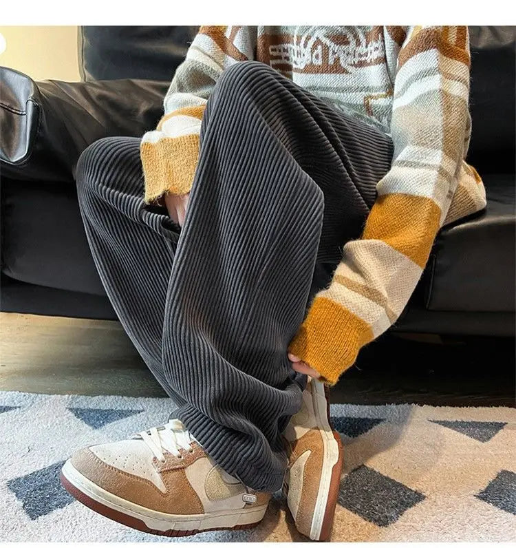 Autumn Corduroy Straight Trousers Men Loose Solid Casual Drape Trousers Harajuku Fashion Drawstring Street Wide Leg Sweatpant voguable