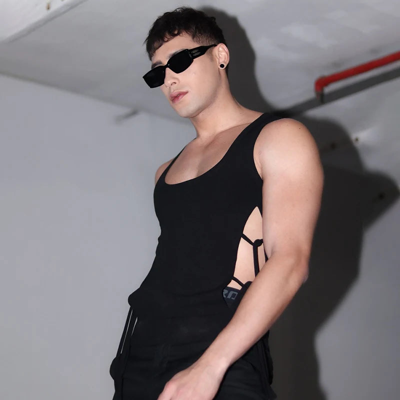 Voguable 2024 Knitted Elastic Tank Tops Men's Personalized Split Lace Trendy Square Neck Original Design Sleeveless T-shirt voguable